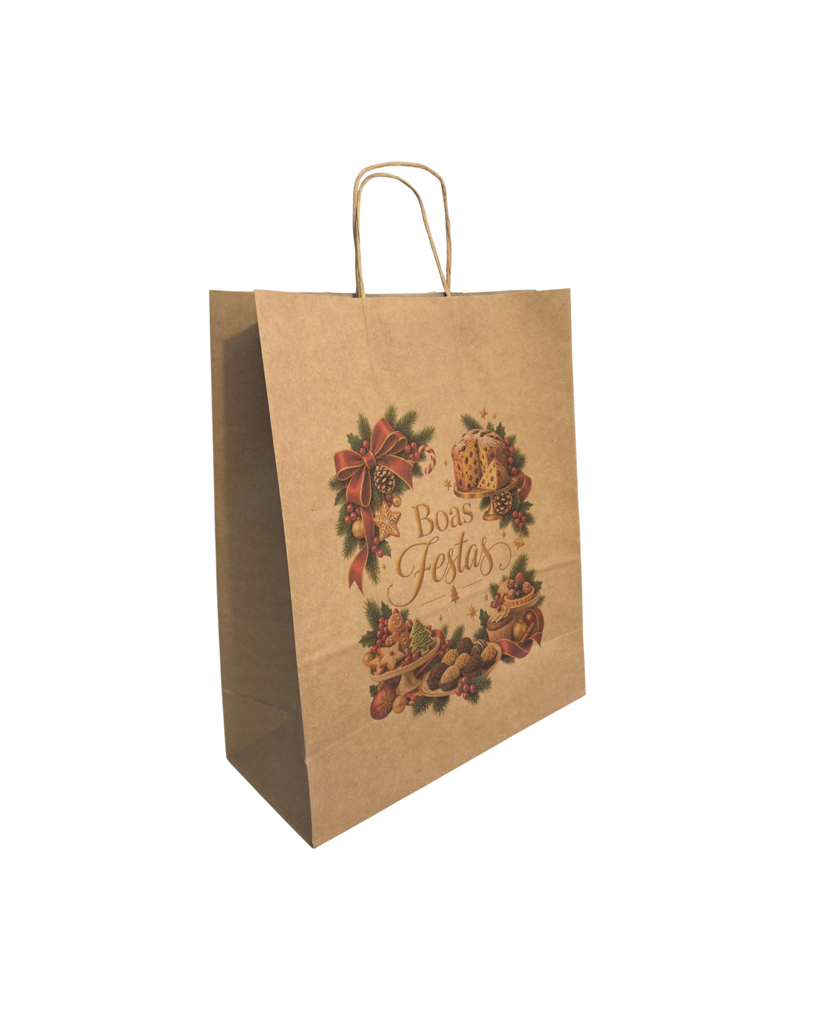Natal Saco Asa Torcida 35x16x44 (7) Sacos de Asa Torcida Vertical Castanho - Boas Festas Pastelaria - Image 1