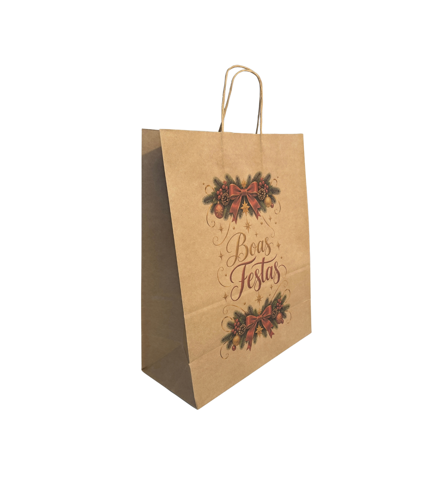 Natal Saco Asa Torcida 35x16x44 (9) Sacos de Asa Torcida Vertical Castanho - Boas Festas - Image 1